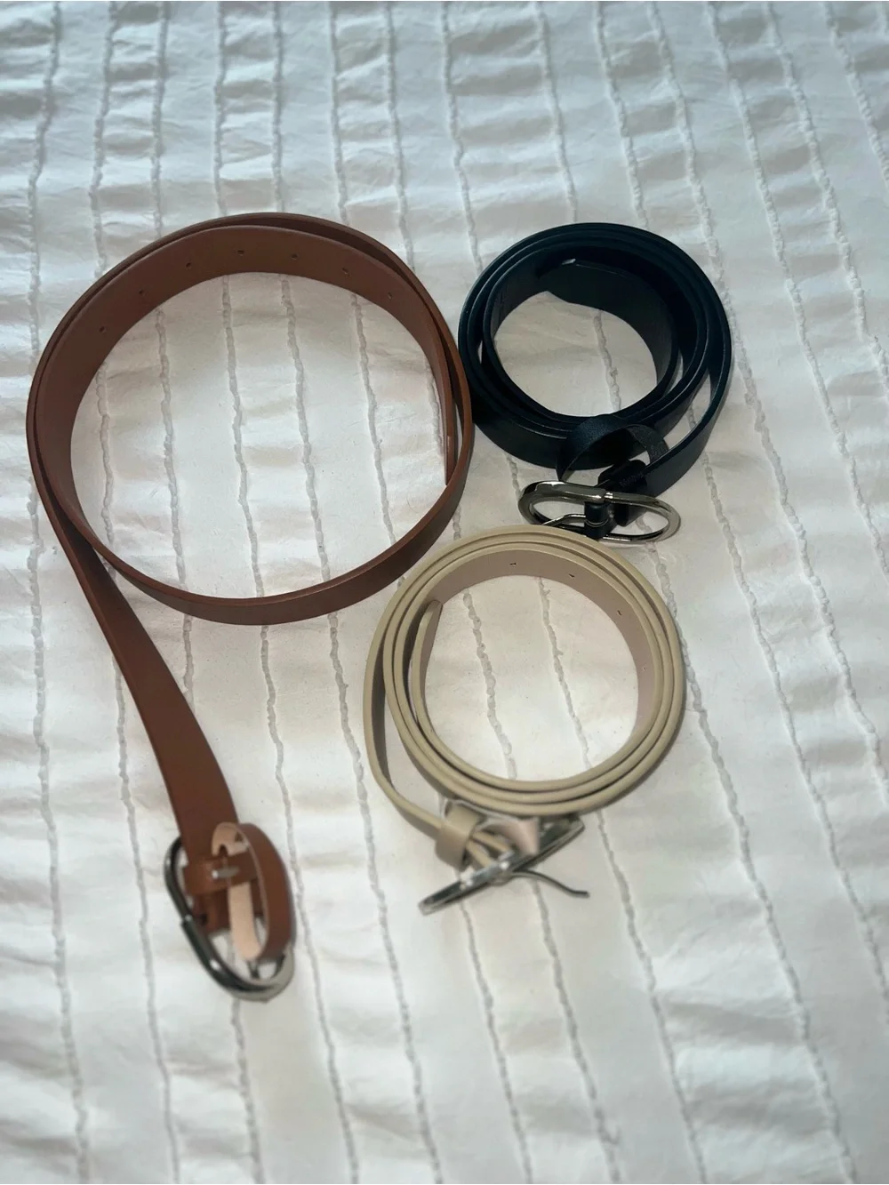 Set of Three Classic Leather-Look Belts - Beige, Brown, Black